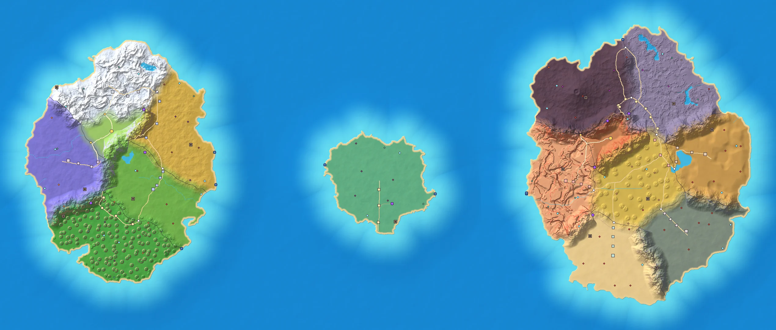 Mapa de Kadenar: Continente del Alba, Continente del Ocaso, Isla de la Corona, con sus zonas, niveles, caminos, poblados, campamentos y mazmorras